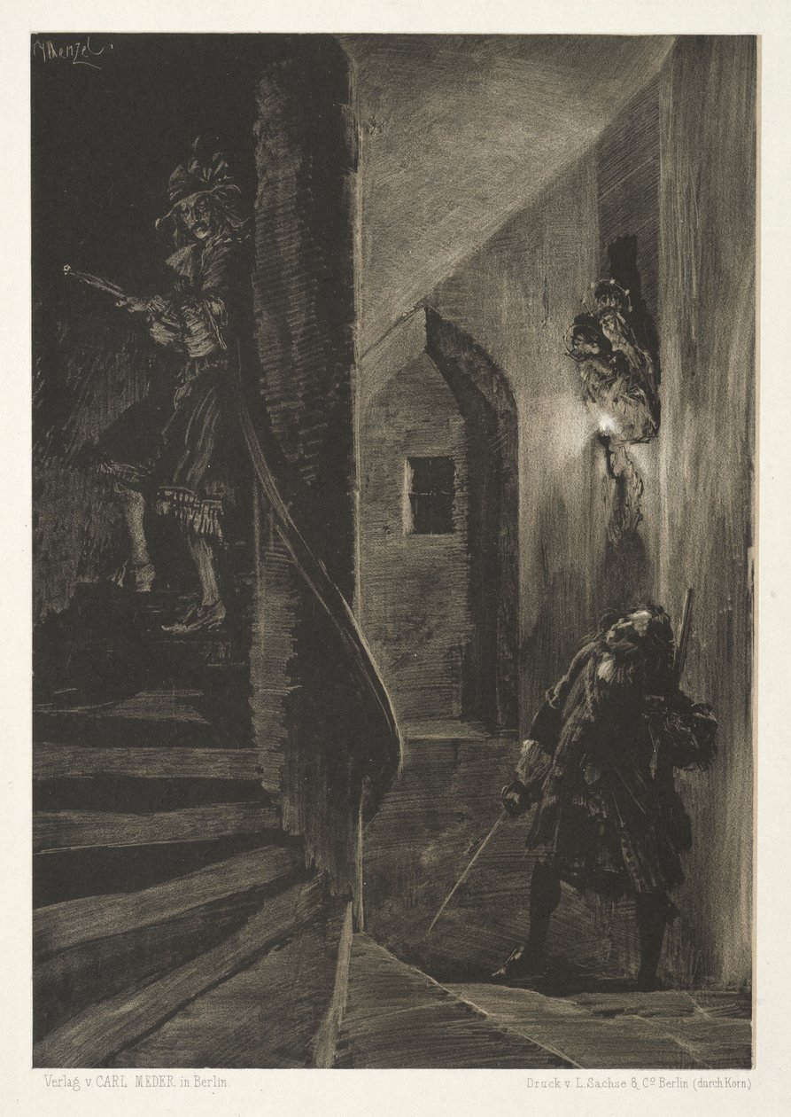 Essay om sten med børste og skraber: Chase on the Winding Staircase af Adolph Menzel