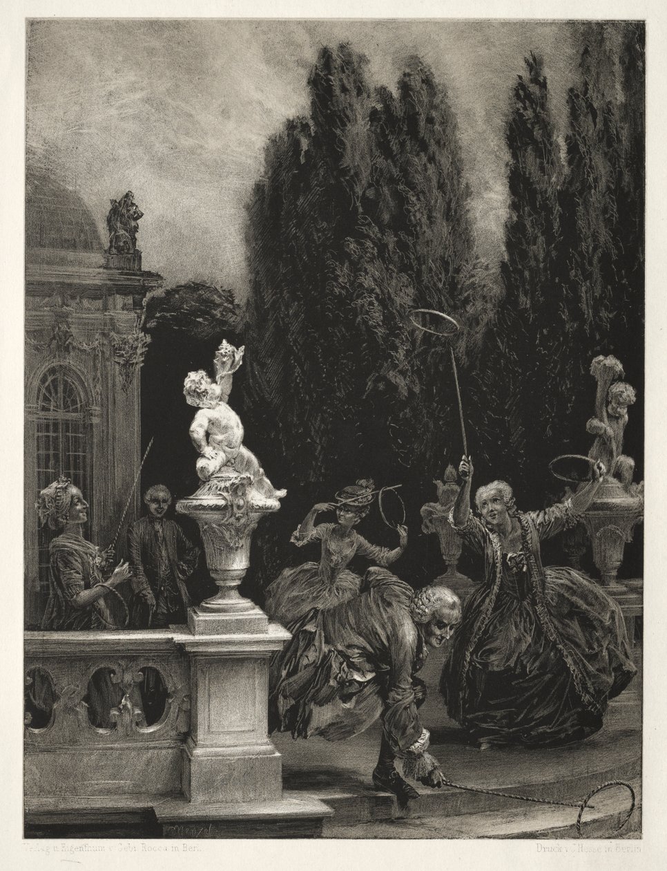 Essay om sten med børste og skraber: Playing at Hoops on the Castle Terrace af Adolph Menzel