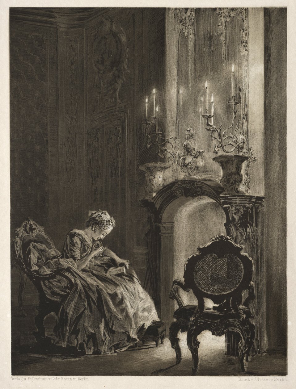 Essay om sten med børste og skraber: Kvinde læser ved pejsen af Adolph Menzel