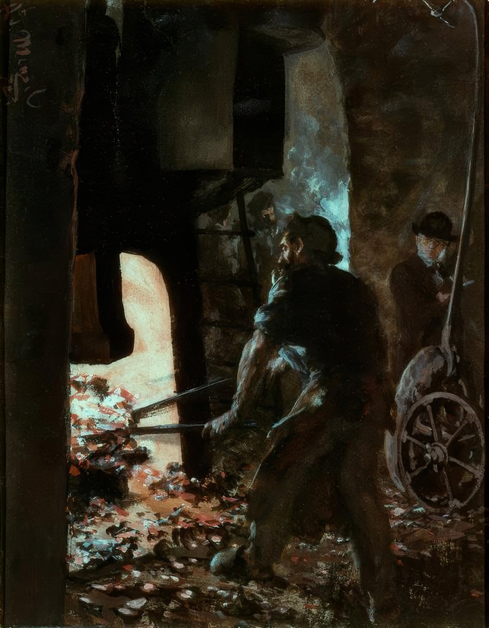 Selvportræt med en arbejder ved damphammeren af Adolph Menzel