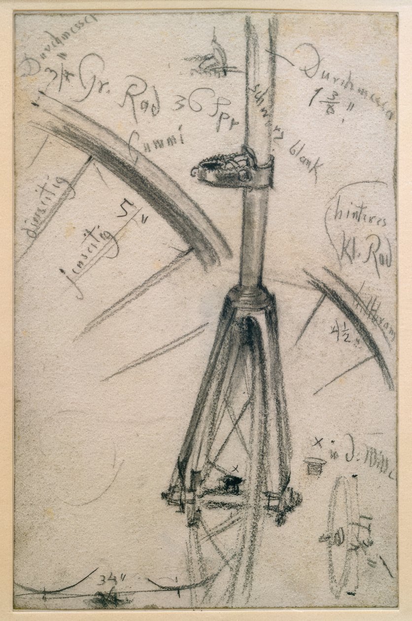 Studier af penny farthing, tekniske detaljer af Adolph Menzel