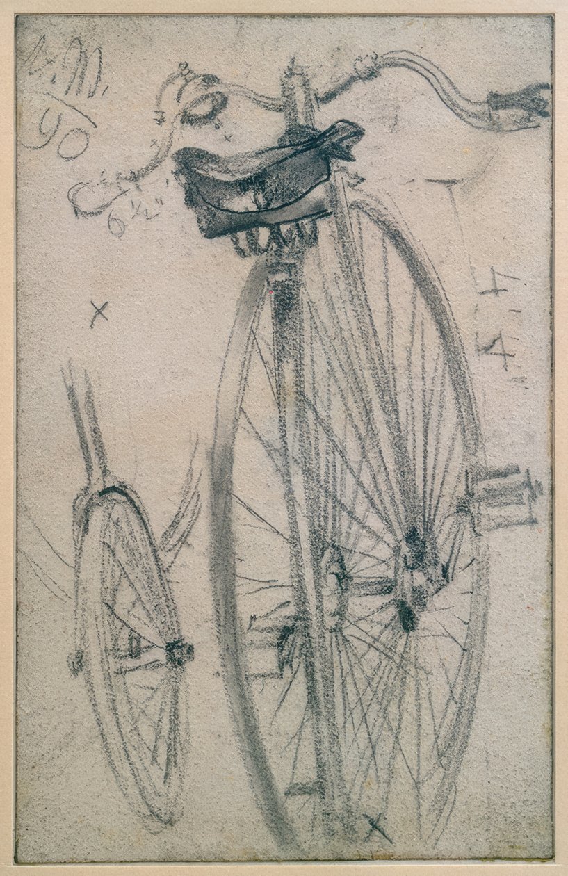 Studier af penny farthing, tekniske detaljer af Adolph Menzel