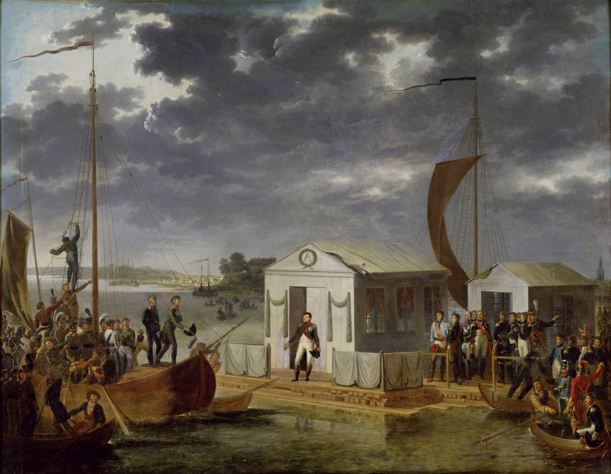 Møde mellem Napoleon Bonaparte (1769-1821) og Alexander I (1777-1825) af Rusland i Niemen, 25. juni 1807, 1808 af Adolphe Roehn