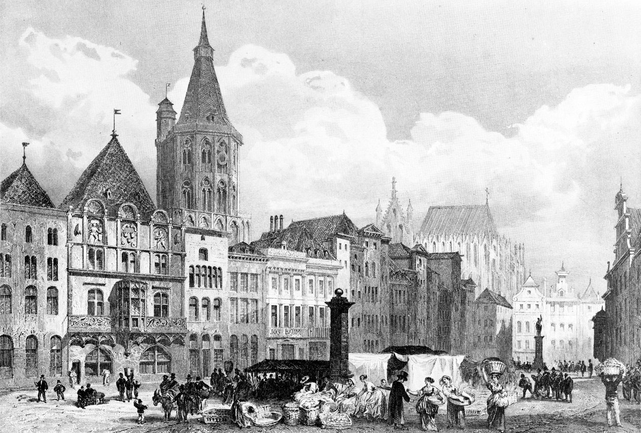 Alter Markt (Köln) med rådhus og rådhustårn. I baggrunden den stadig ufærdige Kölnerdomkirke af Adolphe Rouargue