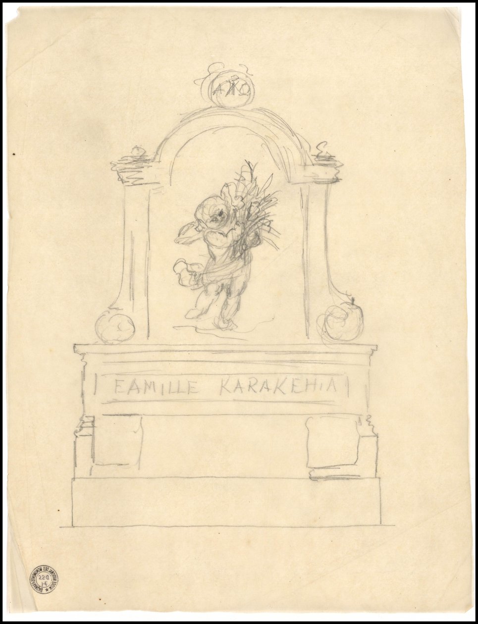 Skitse af en grav til familien Karakehia på Père Lachaise kirkegård i Paris af Adolphe Victor Geoffroy Dechaume