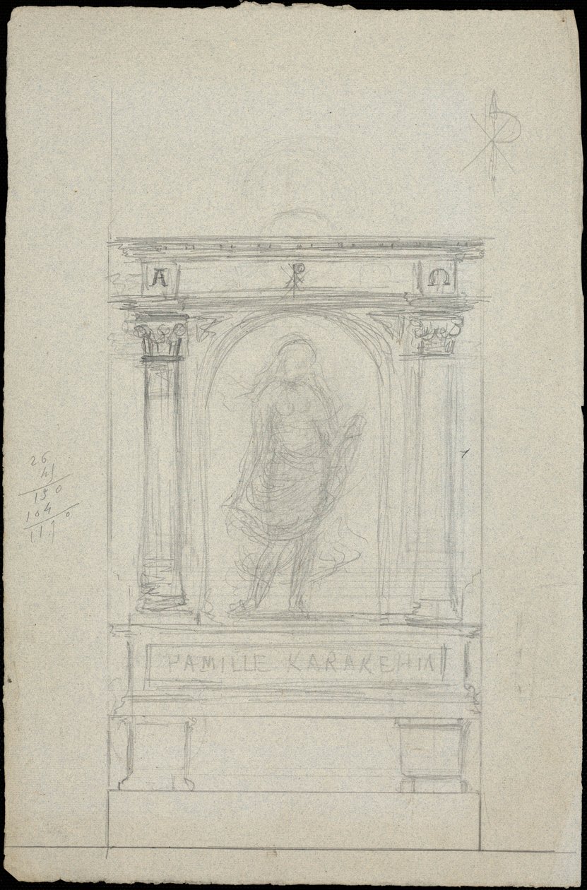 Skitse af en grav til familien Karakehia på Père Lachaise kirkegård i Paris af Adolphe Victor Geoffroy Dechaume