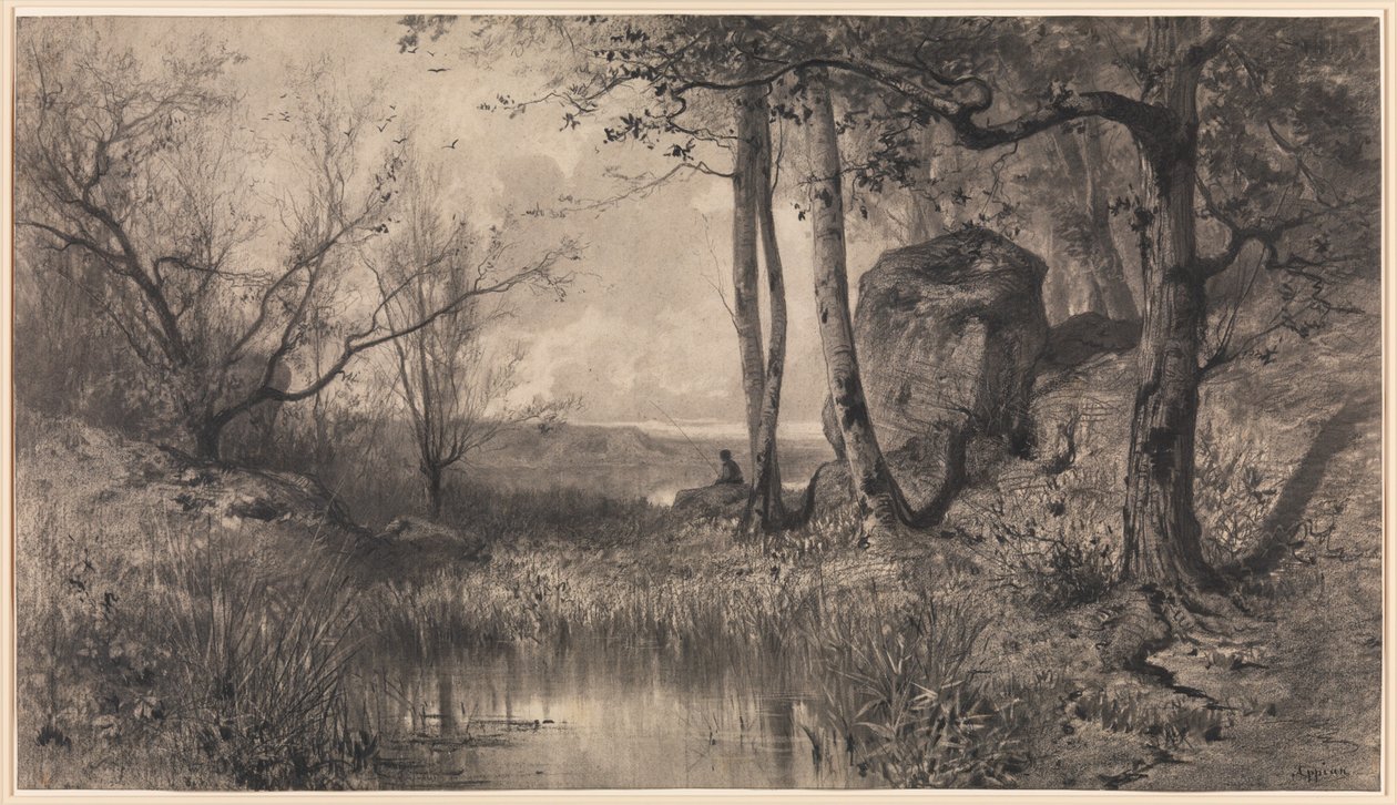 En dam med en fisker langs floden Ain af Adolphe Appian