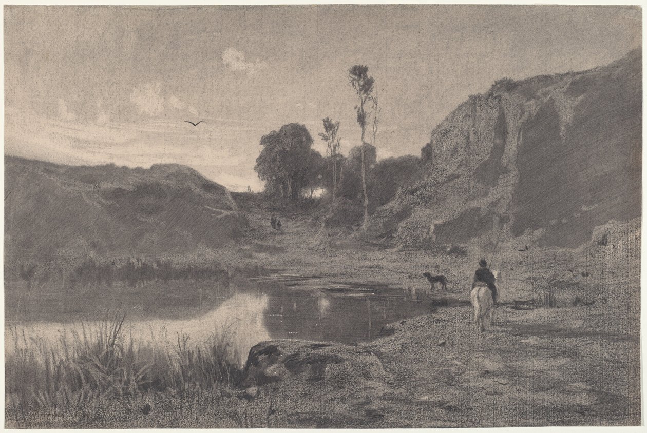 En rytter ved en bjergdam ved solnedgang af Adolphe Appian
