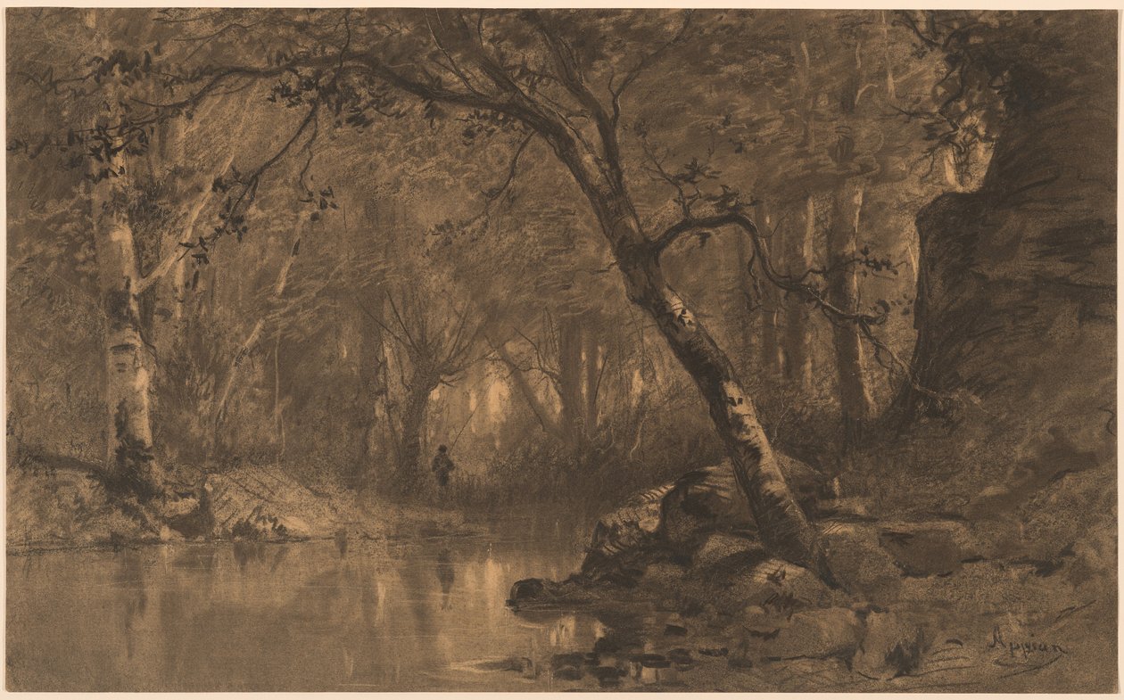 En skovflod med en fisker af Adolphe Appian