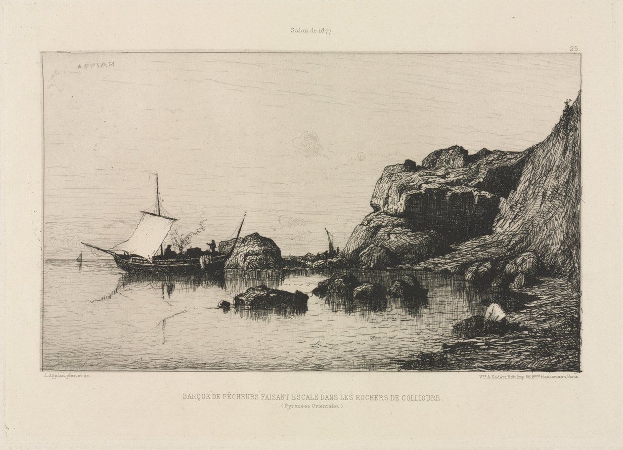 Fiskerbåd anløbshavn ved Collioures klipper, 1878. af Adolphe Appian