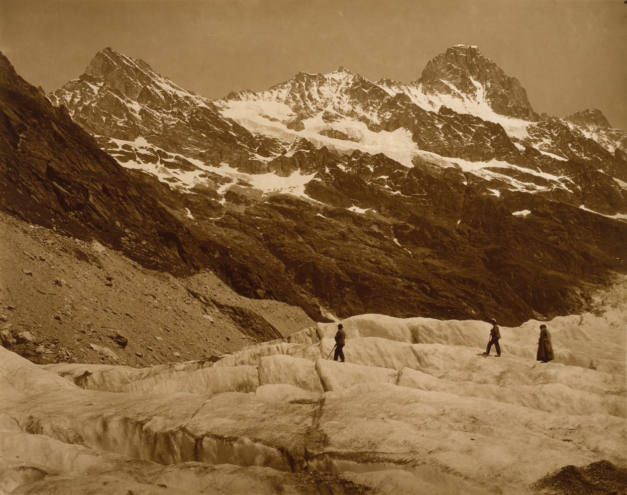 Alpine Landscape, Three Hikers on a Glacier, 1860