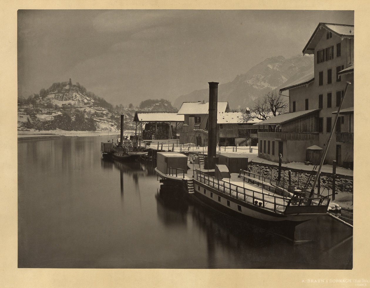 Dampskibe på vinteropligging, Schweiz af Adolphe Braun