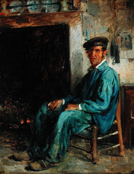 En bonde foran et ildsted, 1859 af Adolphe Felix Cals