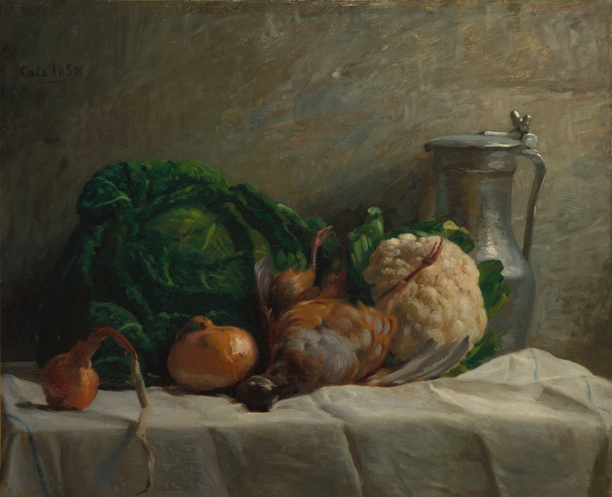 Stilleben med grøntsager, agerhøne og en kande af Adolphe Felix Cals