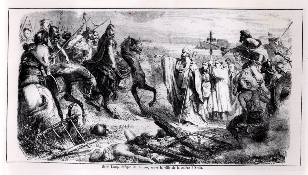 St. Loup forsvarer byen Troyes mod Hunneren Attila (ca. 406-453) på sin hest, illustration fra Frankrigs historie, 2. halvdel af 1800-tallet (bw foto) af Adolphe Francois Pannemaker
