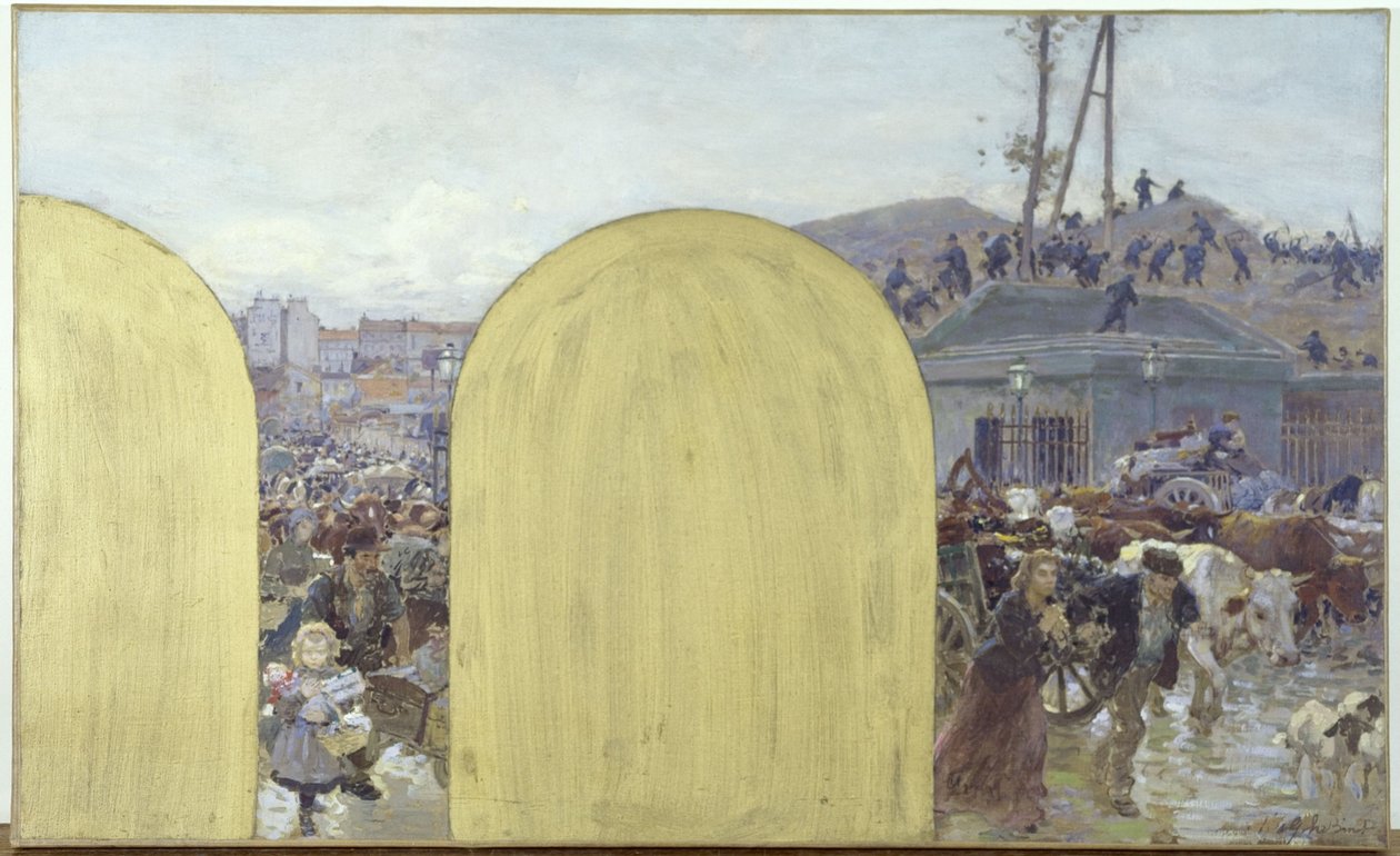 Skitse til kabinettet for præfekten af Hôtel de Ville de Paris: Forstadsbeboernes tilbagevenden til Paris: Belejringen af Paris i 1870, i 1895 (olie på lærred) af Adolphe Gustave Binet