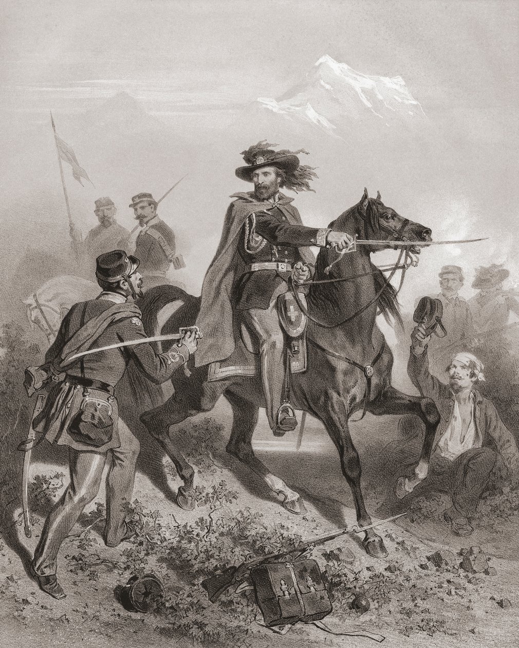 Giuseppe Garibaldi i slaget ved Varese. (Print) af Adolphe Jean Baptiste (after) Bayot