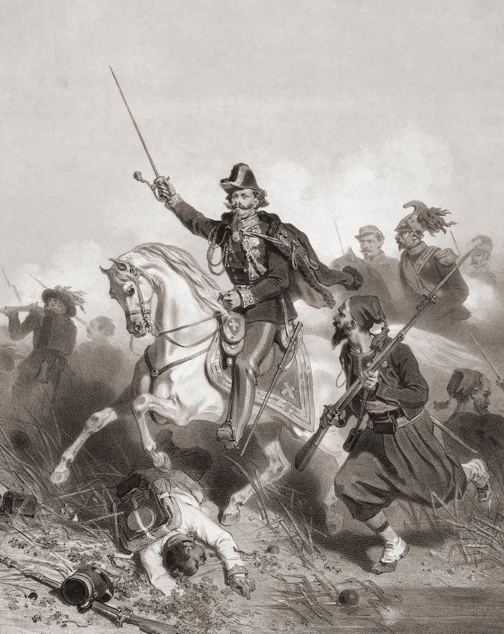 Kong Victor Emmanuel II i slaget ved Palestro (tryk) af Adolphe Jean Baptiste (after) Bayot