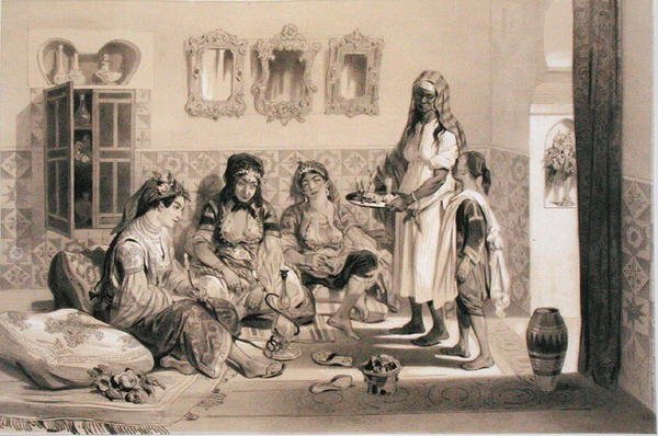 Kvinder fra Algier, fra et bind til minde om den franske ekspeditionsstyrke, der erobrede Algier i 1830 (litho) af Adolphe Jean-Baptiste Bayot