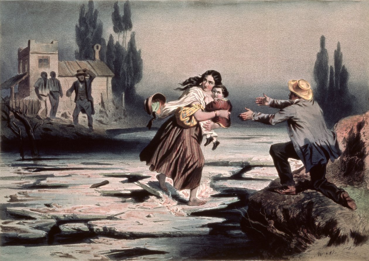 Eliza krydser Ohio-flodens isflager til frihed, illustration fra 