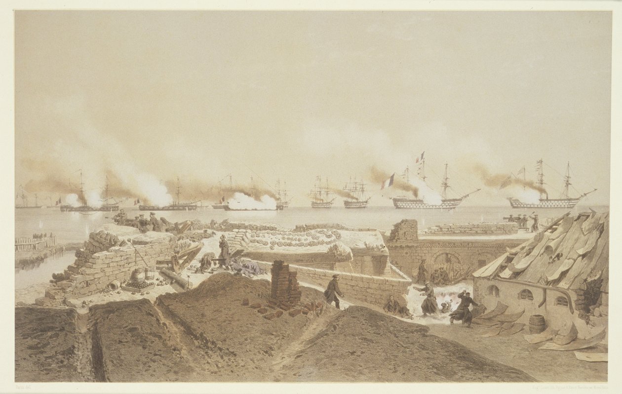 Bombardement af Kil-Bouroun ved mundingen af floden Dnepr af den franske flåde, fra Nos Souvenirs de Kil-Bouroun vedhæng LHiver passe dans Le Liman du Dnieper, 1855-56, indgraveret af Eugene Ciceri (1 af Adolphe Jean Baptiste Bayot and Antoine Leon Morel Fatio