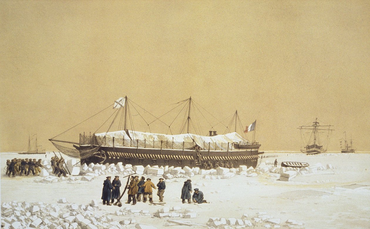 Det flydende batteri La Tonnante i isen før Kil-Bouroun, fra Nos Souvenirs de Kil-Bouroun pendant LHiver passe dans Le Liman du Dnieper, 1855-56, graveret af Eugene Ciceri (1813-90), udgivet omkring 18 af Adolphe Jean Baptiste Bayot and Antoine Leon Morel Fatio