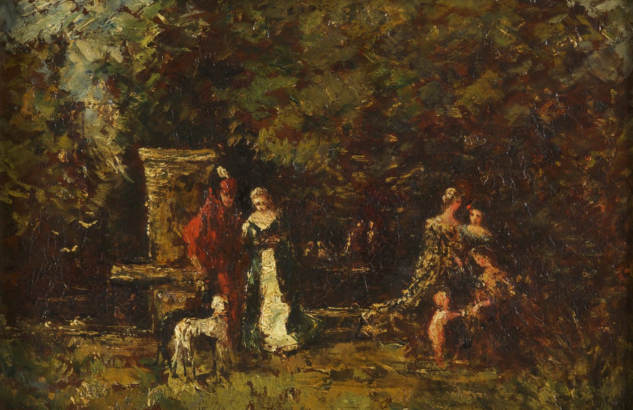 Elegant Figures in a Woodland Glade, ca. 1860-80 (olie på panel) af Adolphe Joseph Thomas Monticelli