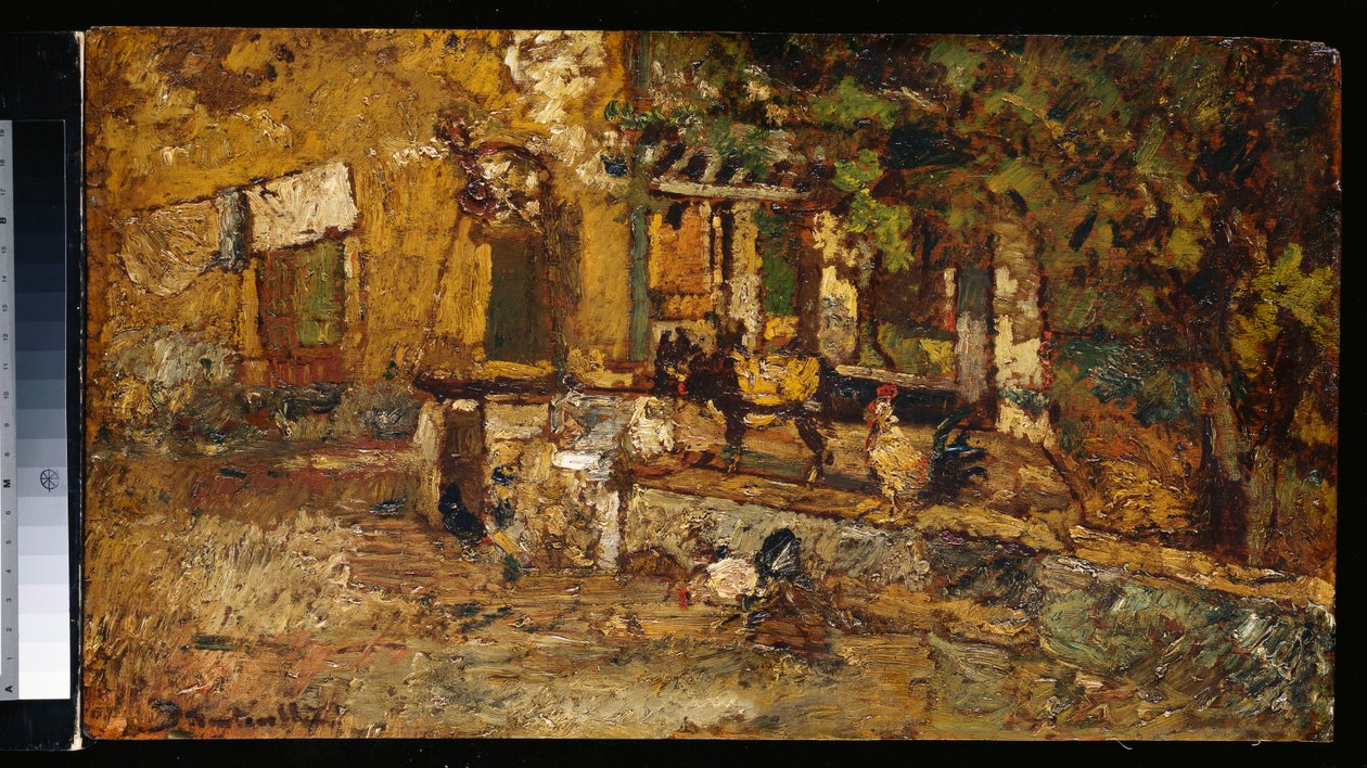 Gårdgård med et æsel og haner af Adolphe Joseph Thomas Monticelli
