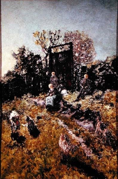 Landskab med figurer og geder, før 1866 (olie på panel) af Adolphe Joseph Thomas Monticelli