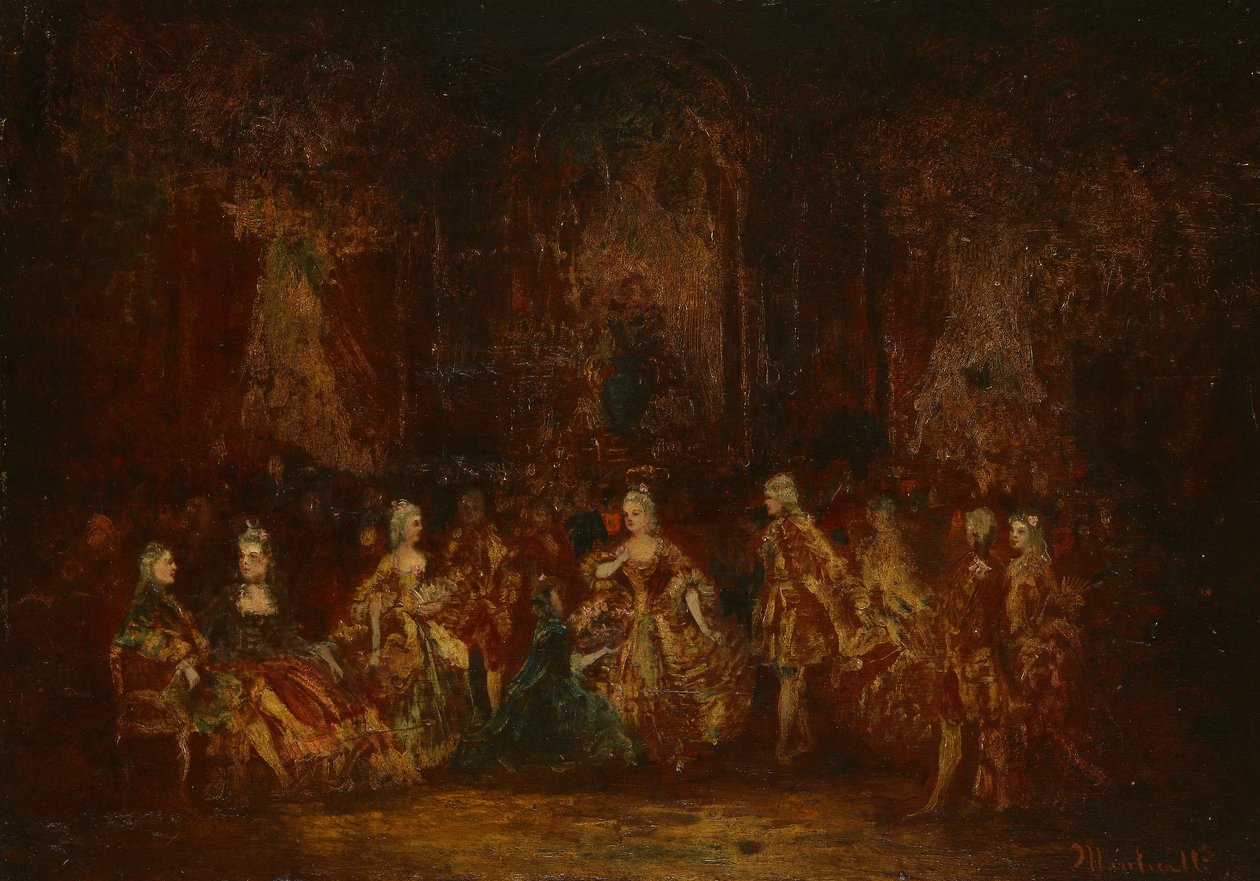 Personer i Louis XV-dragter, ca. 1880 (olie på vuggende panel) af Adolphe Joseph Thomas Monticelli