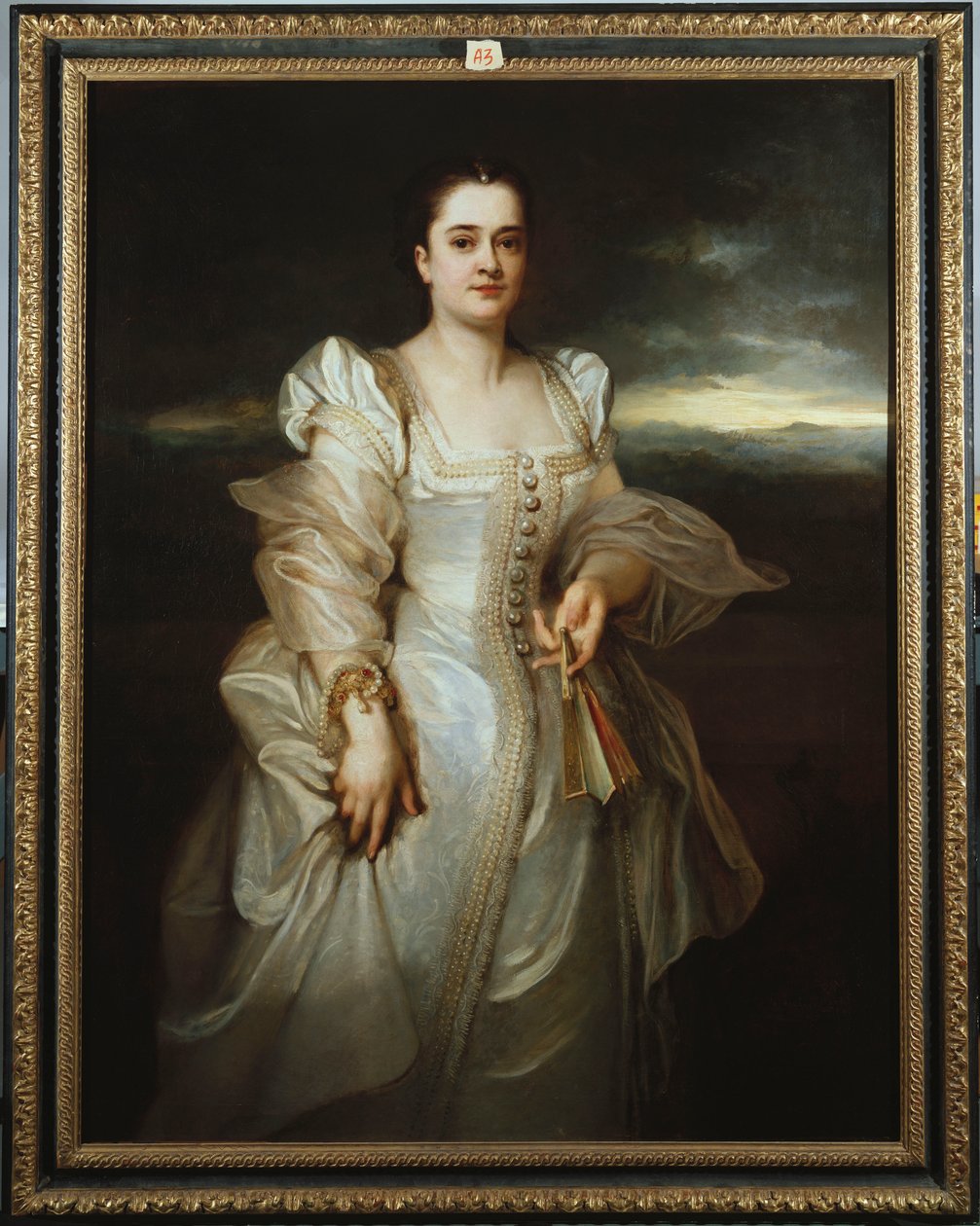 Portræt af en dame iført en hvid kjole broderet med perler af Adolphe Joseph Thomas Monticelli