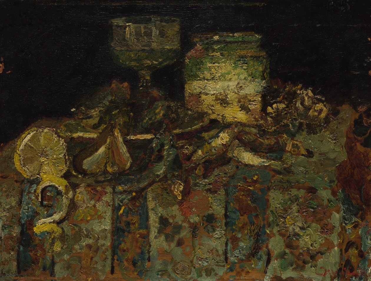 Stilleben: Østers, fisk, ca. 1880 af Adolphe Joseph Thomas Monticelli