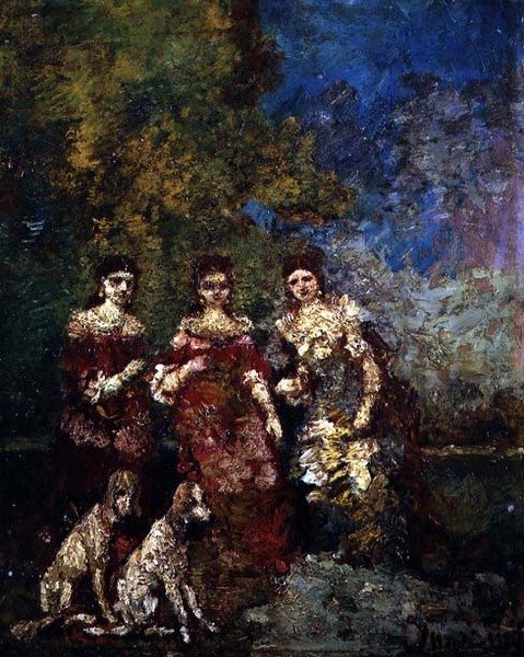 Tre kvinder (olie på lærred) af Adolphe Joseph Thomas Monticelli