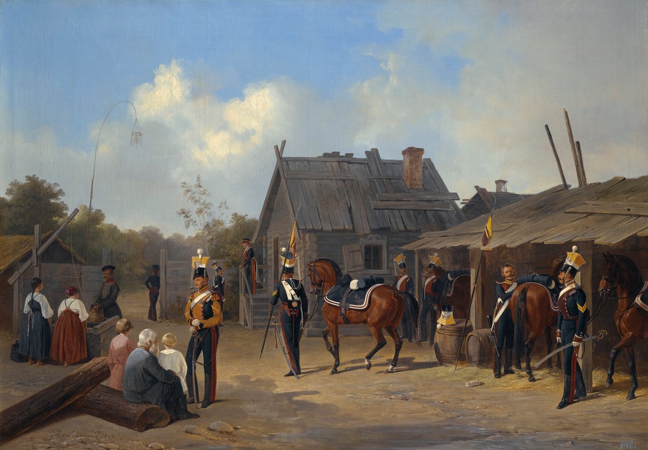 ""Soldater Bivouac In A Village"" (Soldater bivuacker i en landsby) Maleri af Adolphe Ladurner (1798-1856) af Adolphe Ladurner
