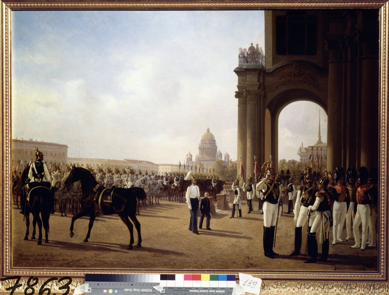 Militærparade på Slotspladsen i Sankt Petersborg (Parade på Slotspladsen i Sankt Petersborg). Maleri af Adolphe Ladurner (1798-1856), olie på lærred af Adolphe Ladurner