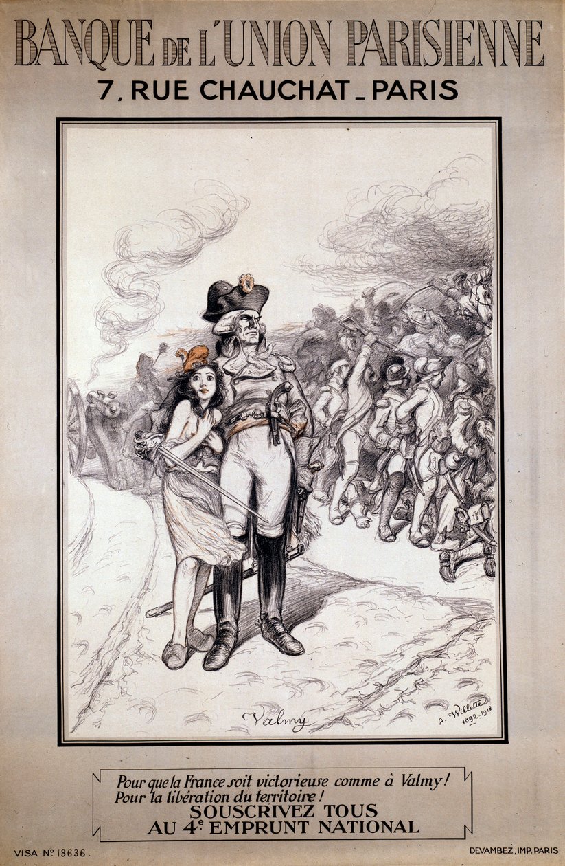 Bank of the Parisian Union: "" At få Frankrig til at sejre som i Valmy! For befrielsen af territoriet! Tegn alle på det 4. landslån””. Illustration af Adolphe Willette (1857-1926) af Adolphe Leon Willette