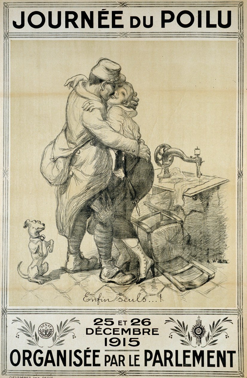 Første Verdenskrig: plakat til hyldest til soldater, der repræsenterer genforeningen af et par til de behåredes dag den 25. og 26. december af Adolphe Leon Willette