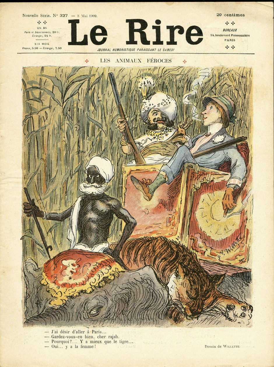 Illustration af Adolphe dit Willette (1857-1926) til forsiden af The Laughter, 08/05/09 - Grusomme dyr - Antifeminisme, Hobbyer, Jagtjægere, Indien, Engelsk Indien, Dyr - Elefant, Kvinder, Tiger af Adolphe Leon Willette