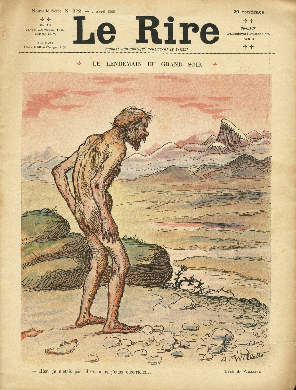 Illustration af Adolphe dit Willette (1857-1926) til forsiden af Le Lire, 03/04/09 - Le next day du grand soir - Social, Prehistoire, Collectivism - Nudite af Adolphe Leon Willette