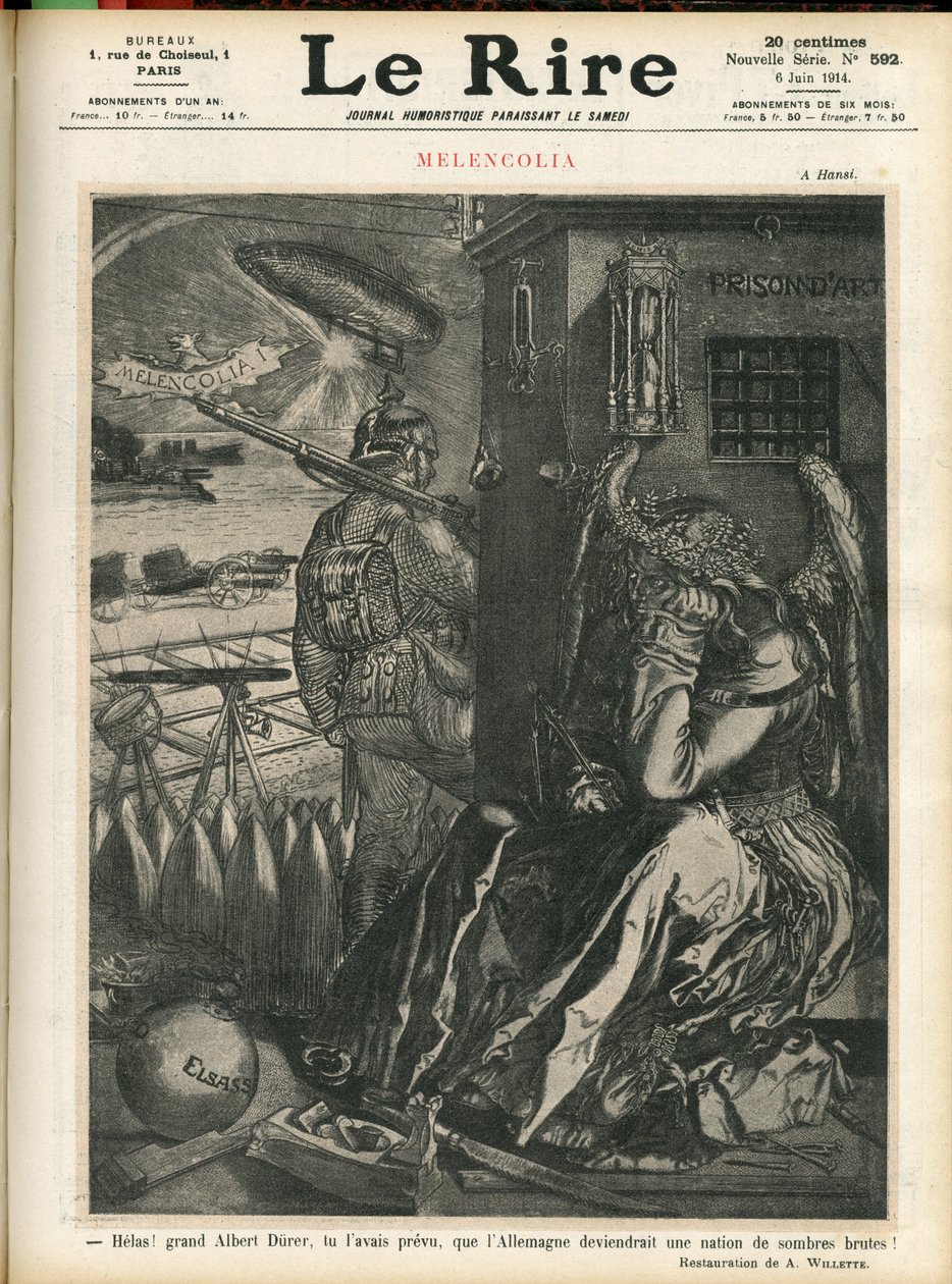 Illustration af Adolphe dit Willette (1857-1926) til forsiden af Le Lire, 06/06/14 - "" Helas, store Albert Durer, du havde forudsagt, at Tyskland ville blive et land med mørke bruts! “” - Melancolia - Krig, Tyskland Preussen - Durer af Adolphe Leon Willette