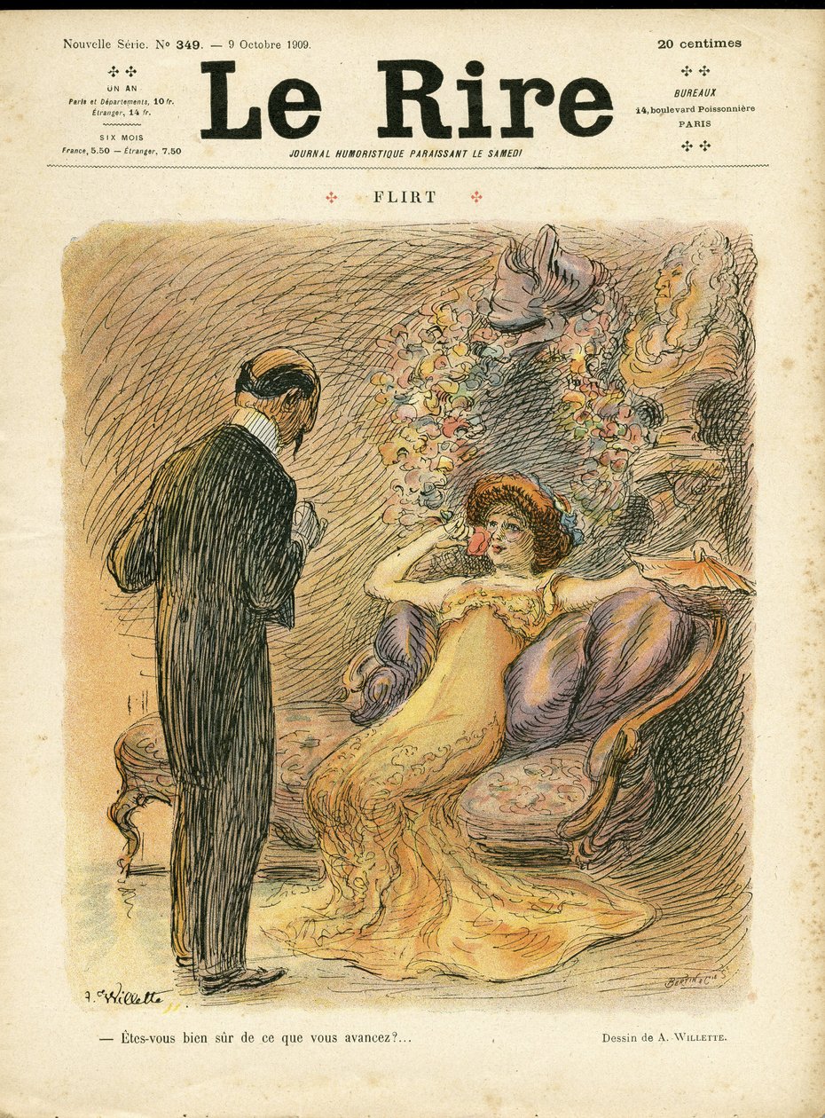 Illustration af Adolphe dit Willette (1857-1926) til forsiden af Le Rire, 09/10/09 - Flirt - Kærlighed, Mode, Intern arkitektur af Adolphe Leon Willette