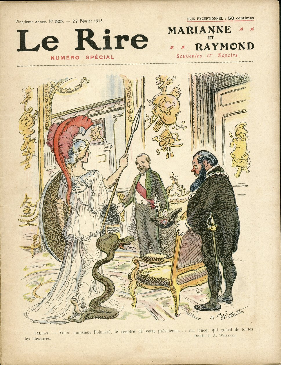 Illustration af Adolphe dit Willette (1857-1926) til forsiden af Le Rire, 22/02/13 - Republikkens præsident, Hat, Elysee, Lænestol (magtsymbol) - Poinscare Raymond af Adolphe Leon Willette