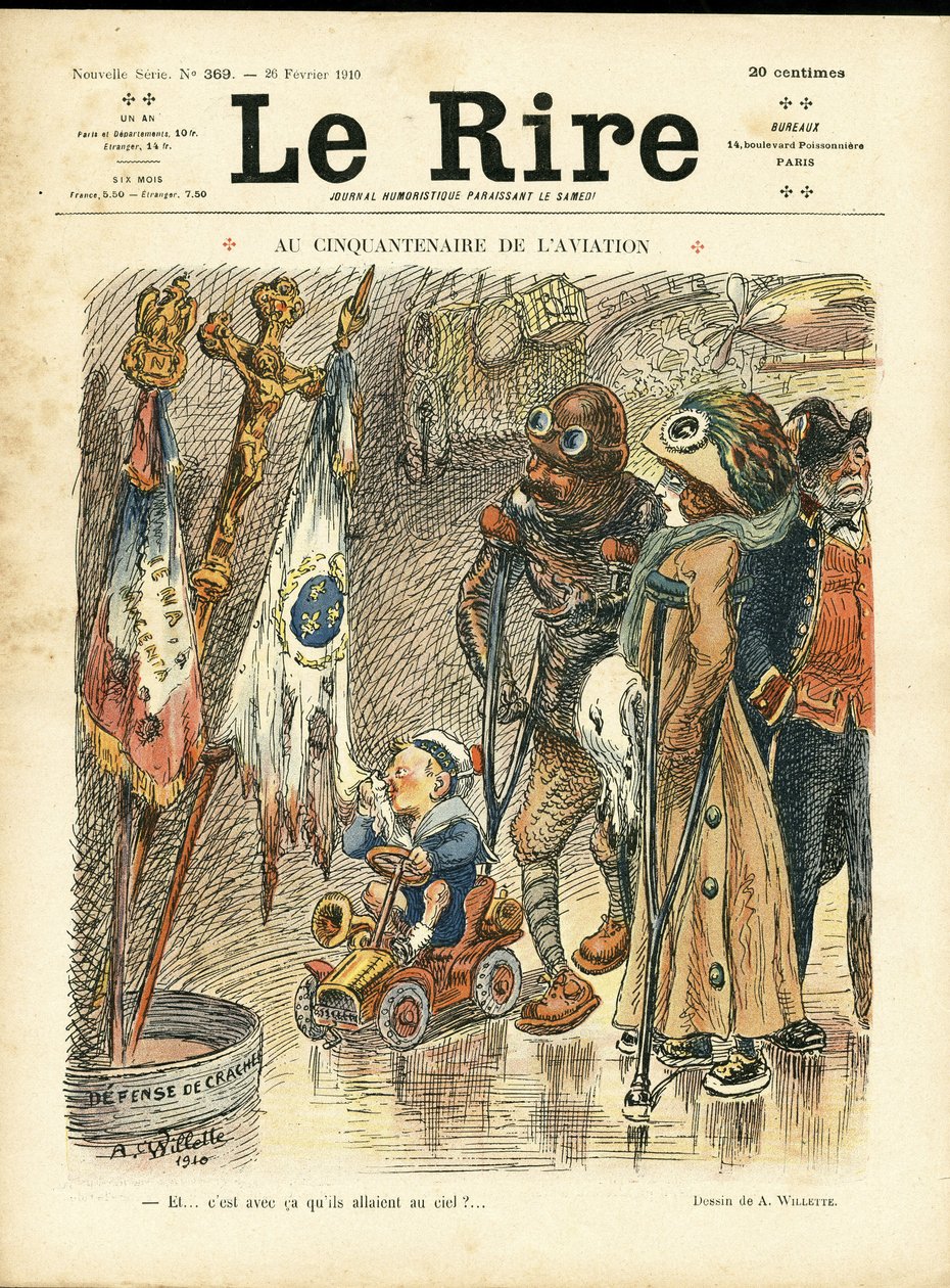 Illustration af Adolphe dit Willette (1857-1926) til forsiden af Le Rire, 26/02/10 - Ved 50-års jubilæet for luftfart - Luftfart, Mode, Hat, Ulykker Katastrofer af Adolphe Leon Willette