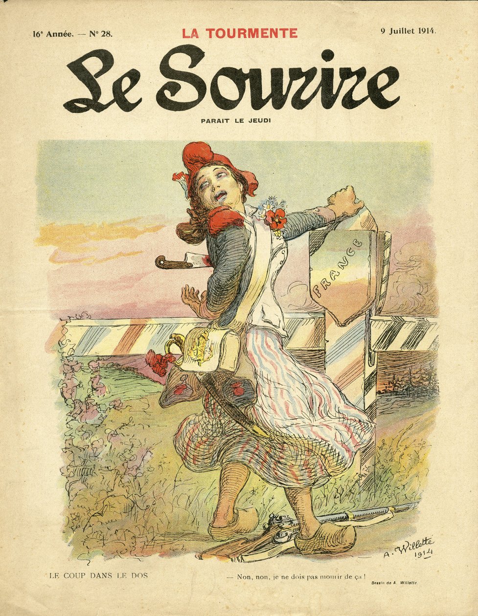 Illustration af Adolphe dit Willette (1857-1926) til forsiden af ​​Le Smile, nr. 28, 09/07/14 - Slaget i ryggen - Nationalisme, Franske Revolution, krigen mellem 14-18 første mus, Grænser - Marianne af Adolphe Leon Willette