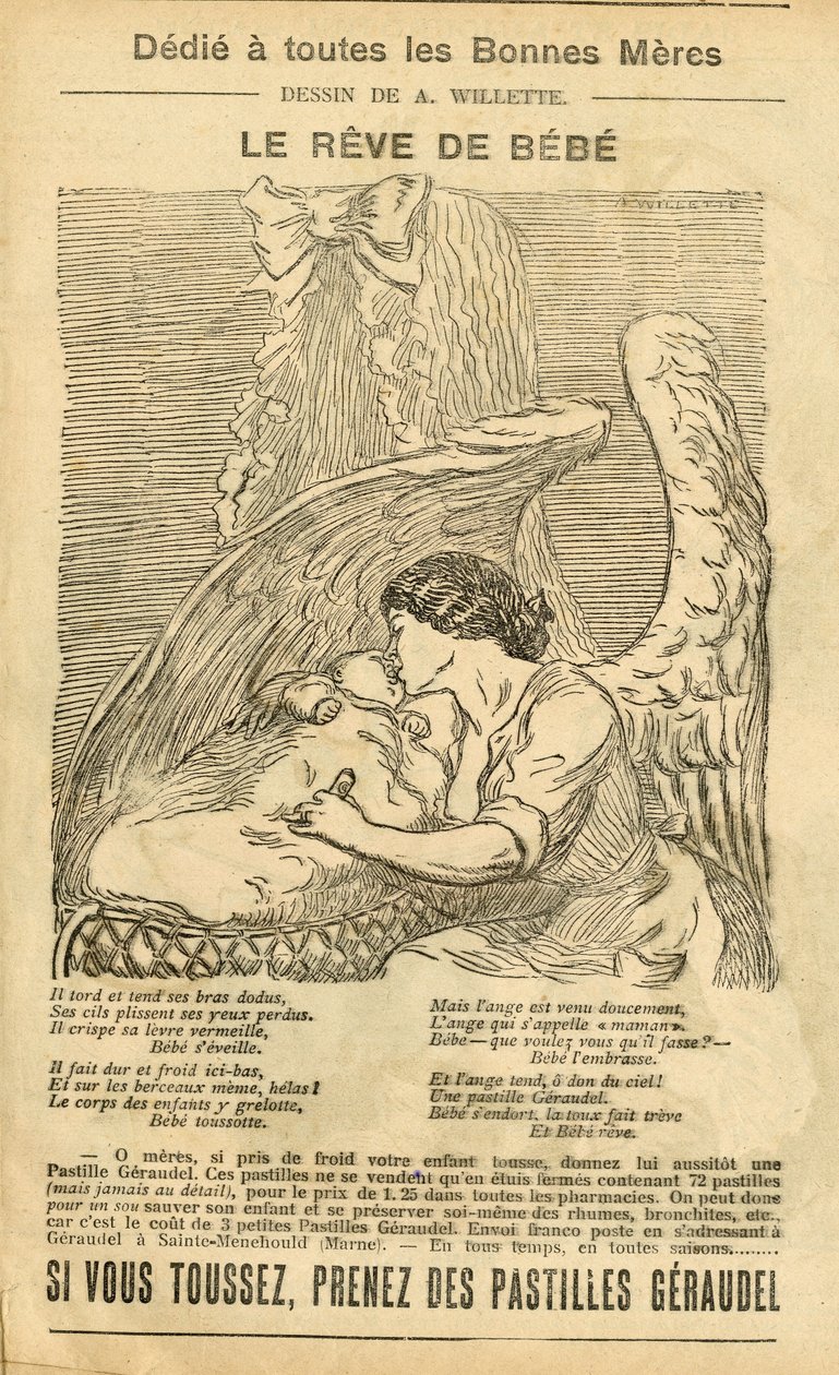 Illustration af Adolphe dit Willette (1857-1926) i Le Pelerin, 22/12/07 - Babyens drøm - Reclamation Publicity, Maternity - Angel af Adolphe Leon Willette