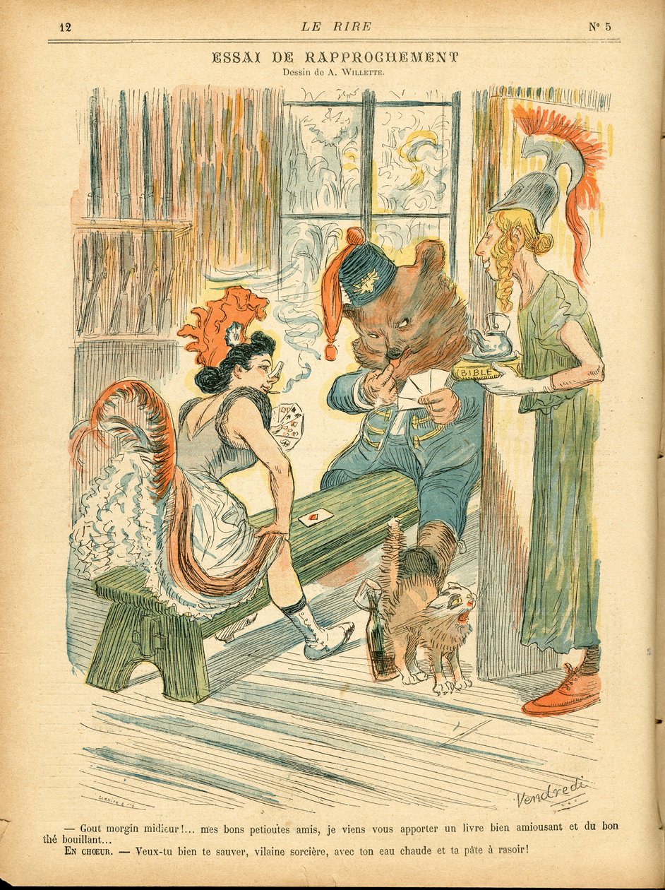 Latter, satirisk i farver: Tie de approchement - Kortspil - Marianne, Bear, Albion Britania - Illustration af Adolphe (Willette) (1857-1926) af Adolphe Leon Willette