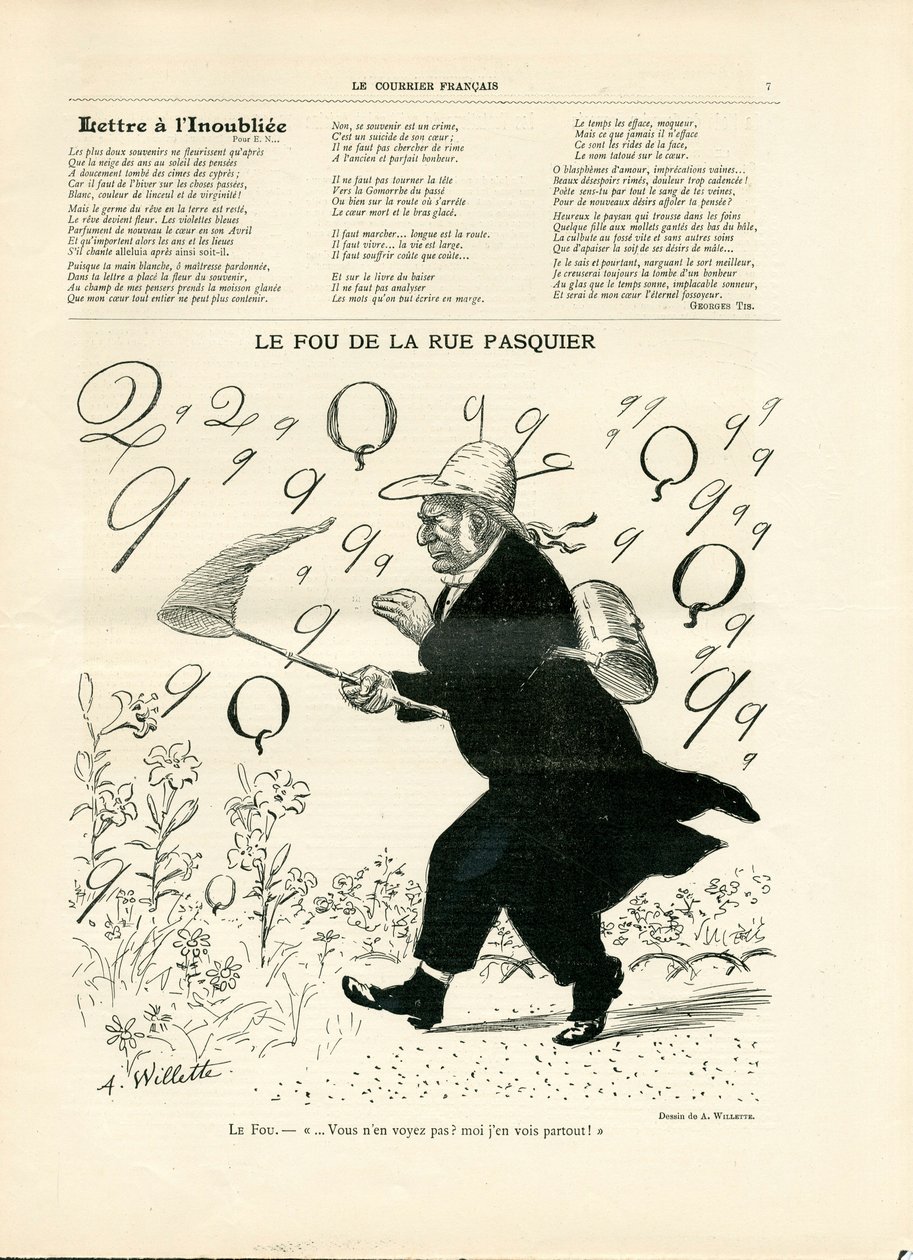 Le Courier francais, nummer 10, satirisk i sort/hvid af Adolphe Leon Willette