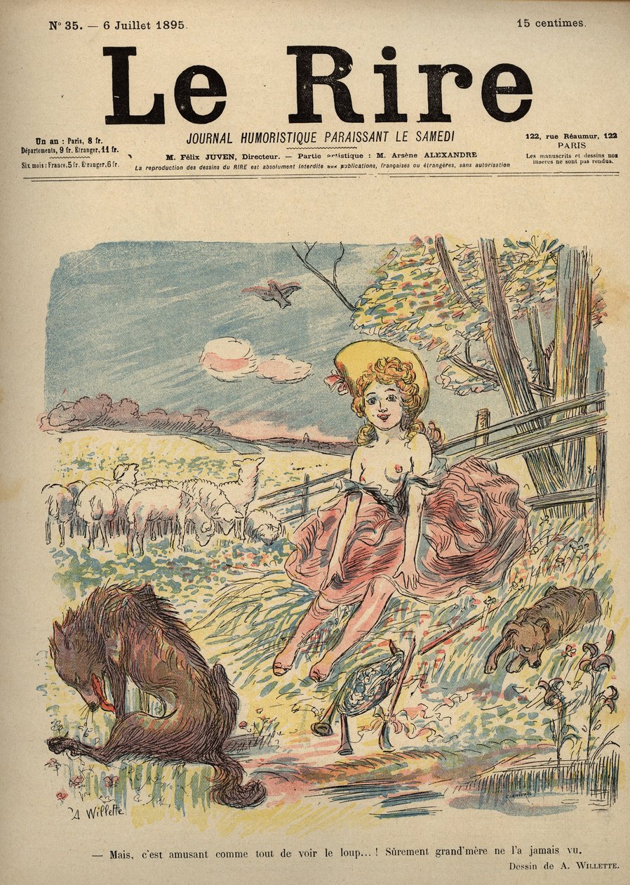 Rødhætte - hyrdinde topløs, rødhætte - Men det er sjovt som alle andre at se ulven...! Bedstemor har nok aldrig set ham. Tegning af A. Willette til Latteren Numero 35, 6. juli af Adolphe Leon Willette
