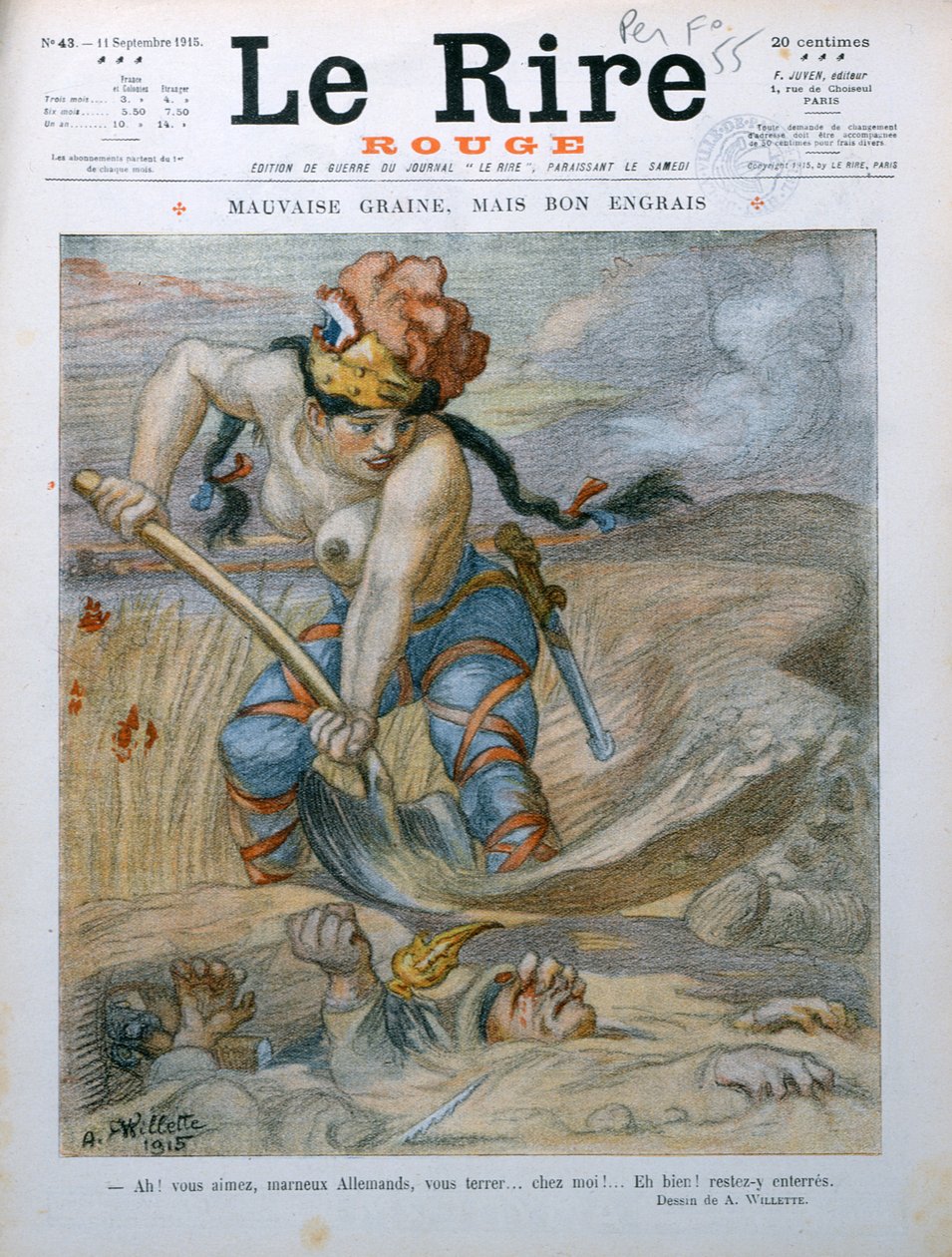 Marianne begraver tyske soldater i Marne-skyttegravene, karikatur fra magasinet 