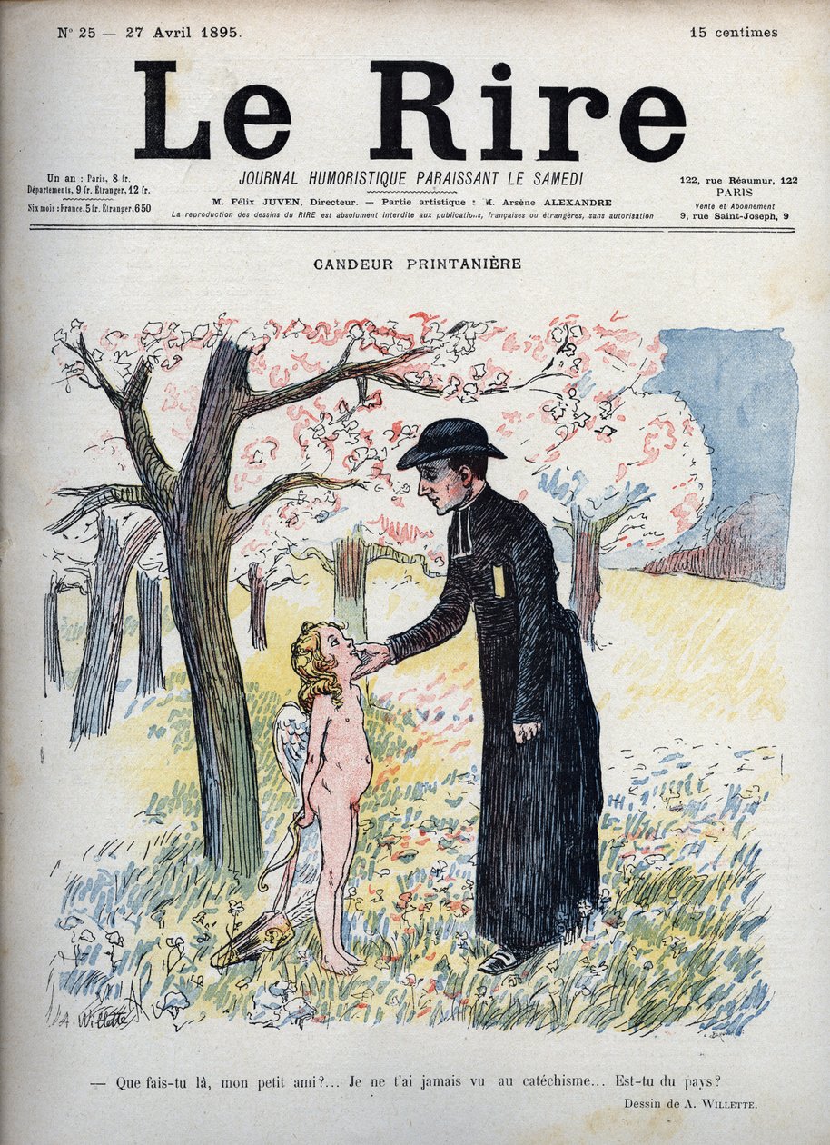 Spring Candeur - I en skov af blomster, en præst, der strøg ansigtet på et nøgent barn, og gemmer bag hans ryg en bue og pil og et par vinger. Uden at vide, at han er Amor, spørger han, om han er ny, da ingen nogensinde har set ham til katekismus - illustr af Adolphe Leon Willette